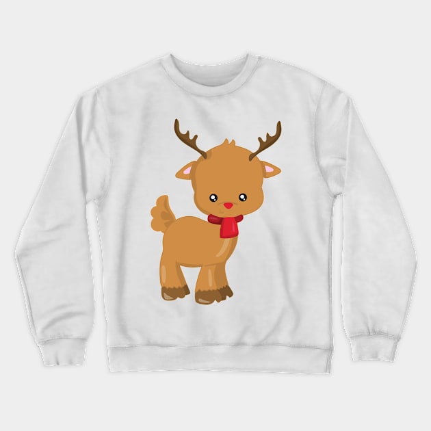 Christmas Reindeer, Red Nose, Scarf, New Year Crewneck Sweatshirt by Jelena Dunčević